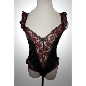 Black Satin & Red Floral Lace Bodysuit – Romantic Vintage-Lingerie (Size M)
